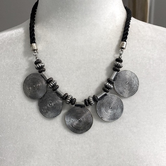 Edgy Rebel Rockstar Silver Disc Coin Whimsical Whimsigoth Swirl Black Necklace - Picture 3 of 11